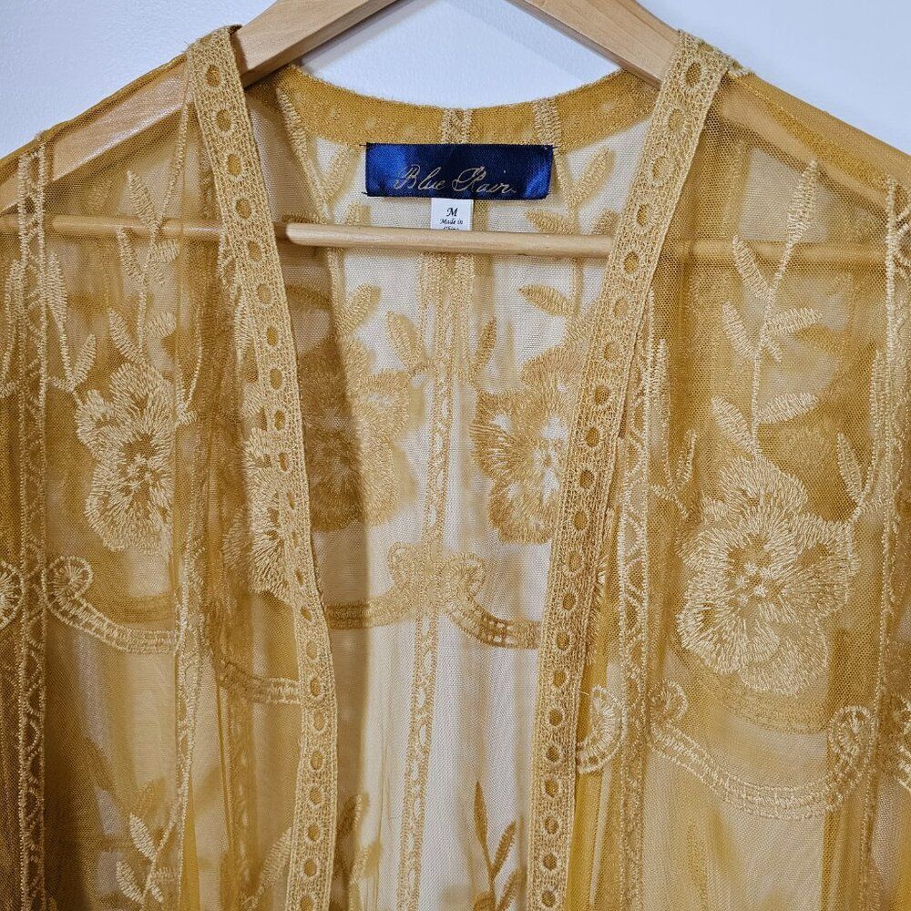 EUC LIKE NEW BLUE RAIN MUSTARD LACE EMBROIDERED BOHO KIMONO TOP SIZE M - Picture 9 of 13
